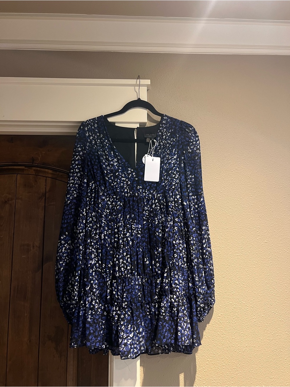 Ted Baker Navy Blue Floral Tiered Long-Sleeve Dress